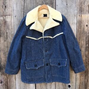 Vintage 1970s Roebucks Sherpa Lined Denim Ranch Chore Coat 44-R